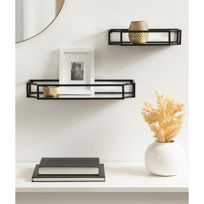 Ciel Modern Black Glass Floating Shelves with Scalloped Frame