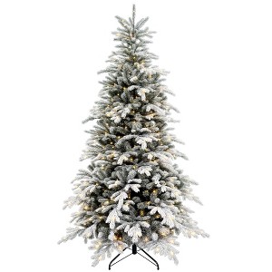 HOMCOM 7ft Prelit Frosted Artificial Christmas Tree with Warm White LED Light, Metal Base, Snow Flocked Branches - 1 of 4