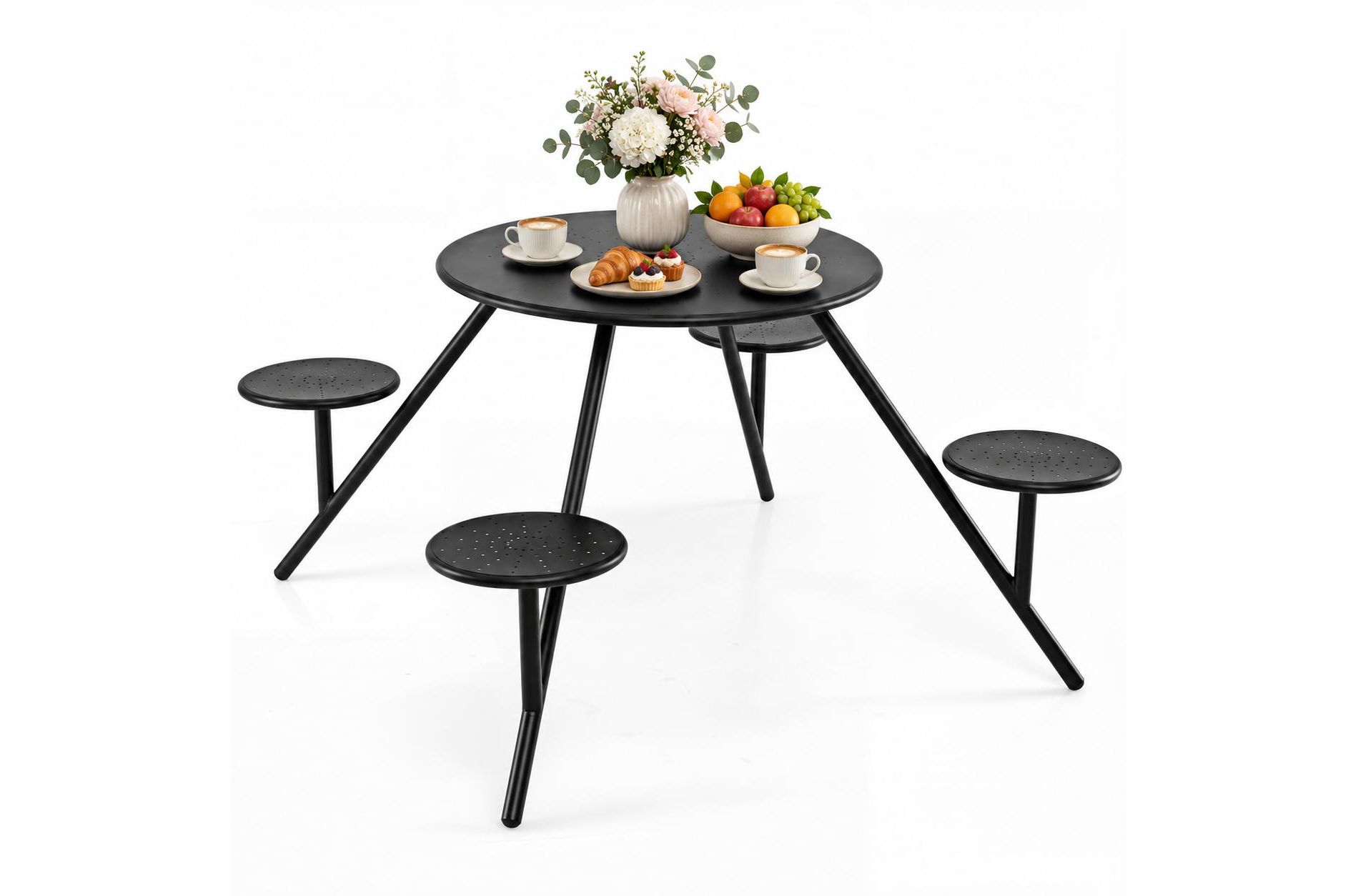 Round Metal Picnic Table for 4 with Attached Seats and Umbrella Hole, Black