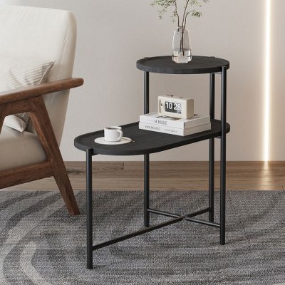 CENGHU Round Coffee Table with Storage Tray 2 Tier Oval, Wooden Small Side Table, Modern End Table, Nightstand for Living Room, Bedroom