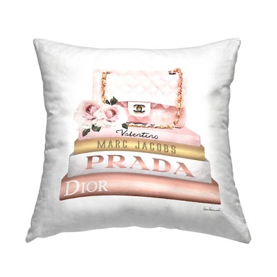 Stupell Industries Pink Purse Gold Fashion Bookstack Glam Fashion Printed Pillow, 18 x 18