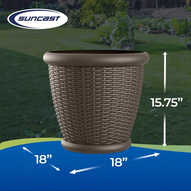 Suncast Willow 18-Inch Diameter Durable and Lightweight Decorative Wicker Patio Planter Pot with Drillable Drain Holes, Java (4 Pack), 3 of 7