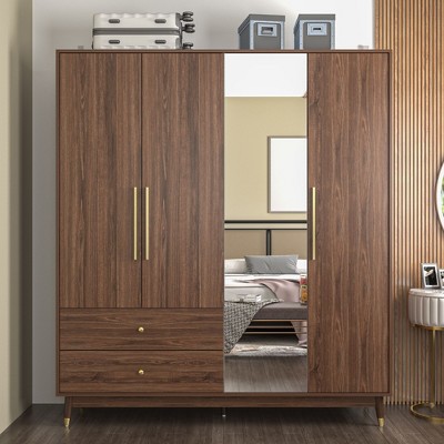 Famapy 4-Doors Wood Wardrobe with Mirror and Two Drawers