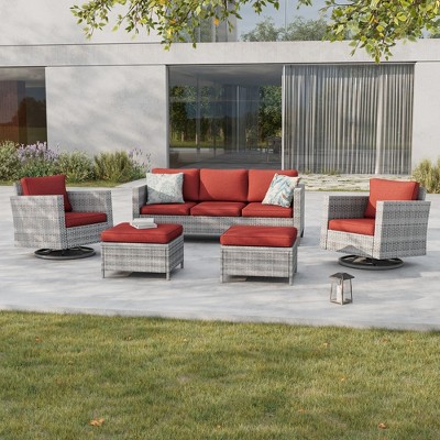 Sonkuki 5-Piece Patio Conversation Set with Swivel Rocking Chair, Navy Blue Cushion