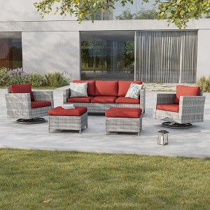 Sonkuki 5-Piece Patio Conversation Set with Swivel Rocking Chair, Navy Blue Cushion - 1 of 4