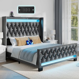 GREENSTELL Full Bed Frame with HIgh Upholstered Headboard & Charging Station and LED Light - 1 of 4