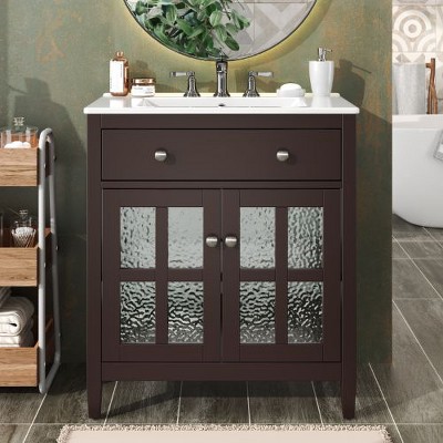 NicBex 30" Freestanding Vanity with Textured Glass Door, Compact Bathroom Vanity with Ceramic Sink, Equipped with Adjustable Shelf and Tip-Out Tray