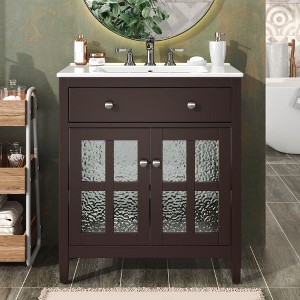 NicBex 30" Freestanding Vanity with Textured Glass Door, Compact Bathroom Vanity with Ceramic Sink, Equipped with Adjustable Shelf and Tip-Out Tray - 1 of 4