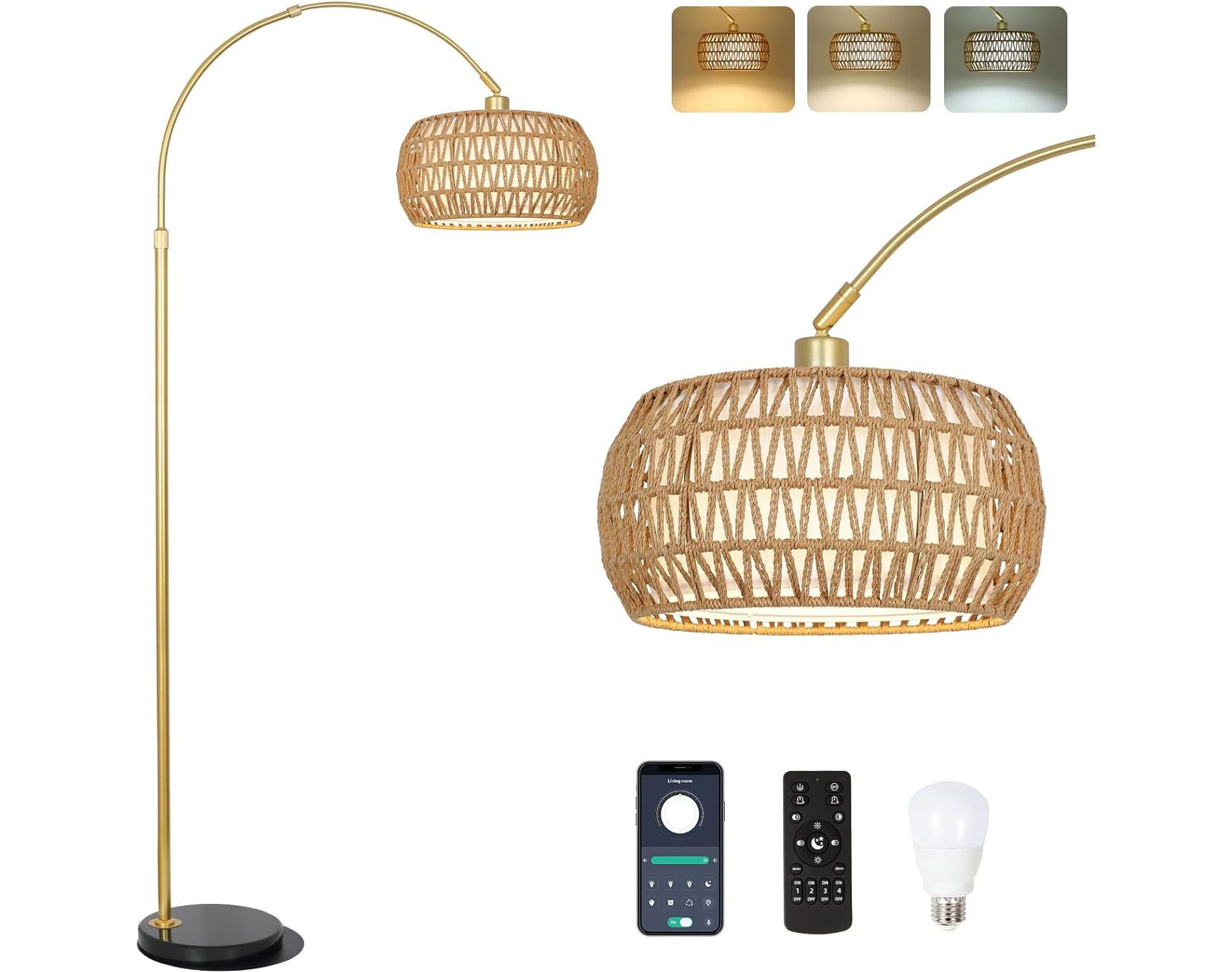 GDFStudio Cadley Modern Adjustable Arc Floor Lamp with Rattan and Fabric Dual Shades, Brown/Gold