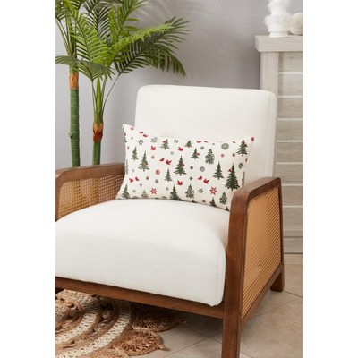 Ivory Christmas Trees and Cardinals Cotton Throw Pillow