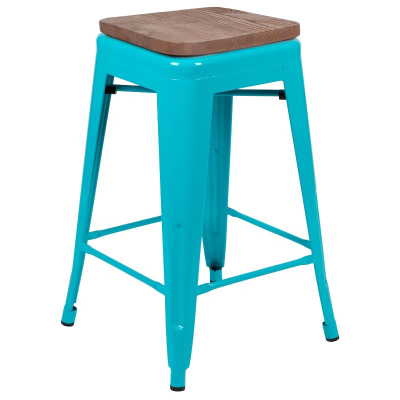 Merrick Lane 24 Inch Tall Stackable Metal Bar Counter Stool With Textured Elm Wood Seat In Set Of 4, 4 of 16