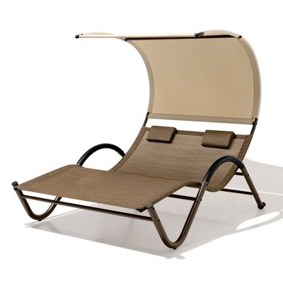 Pellebant Outdoor Double Chaise Lounge Chair with Canopy Shade & Wheels, Double Sun Bed Lounger