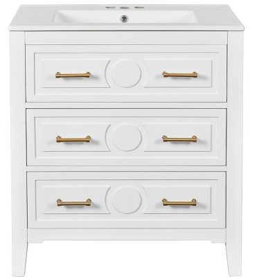 Vynxaria 30 Inch Bright White Free Standing Bathroom Vanity with Ceramic Sink Single Unit Solid Wood Frame Three Soft Close Drawers Retro