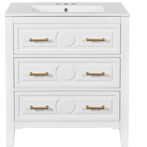 Vynxaria 30 Inch Bright White Free Standing Bathroom Vanity with Ceramic Sink Single Unit Solid Wood Frame Three Soft Close Drawers Retro - 1 of 4