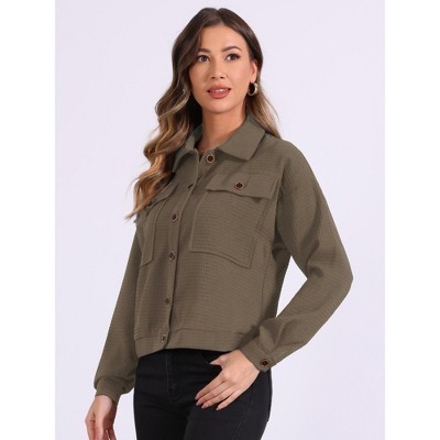 INSPIRE CHIC Women's Lapel Collar Drop Shoulder Pockets Button Down Waffle Shirt Jackets Brown Medium — фото 2