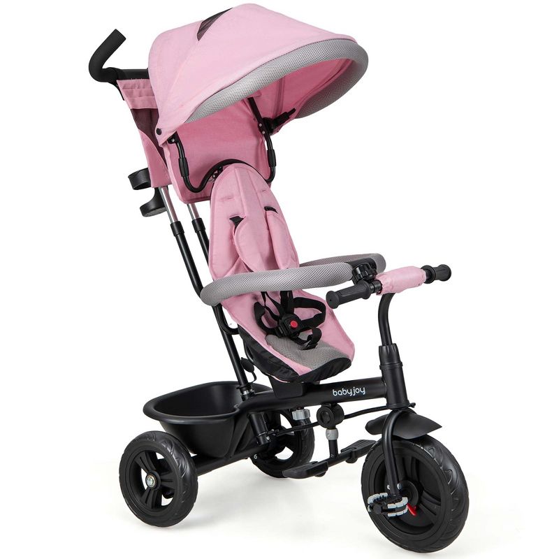 Babyjoy 4-in-1 Multifunctional Tricycle Kids Trike with Removable Canopy & Push Handle Black/Gray/Pink, 1 of 11