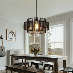16" Boho Handwoven Bamboo Pendant Light with Double-Layer Shade and White Canopy for Dining Room, Bedroom, Living Room, or Vacation Rental - 1 of 4