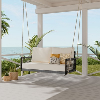 Sapphtopaz Porch Swing Sets for Backyard Woven Couch Swing Lounge 2-Seat Swing Chair with Cushions and Woven Rope for Outdoor, Garden, Terrace