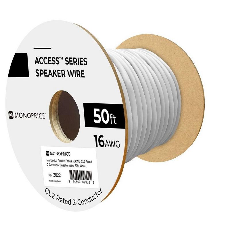 Monoprice Speaker Wire, CL2 Rated, 2-Conductor, 16AWG, 50ft, White, 5 of 7