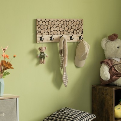 Natural Wood Rustic Hook Rack with Five Black Hooks