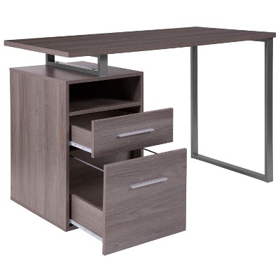 Light Ash Wood Computer Desk with Drawer and Silver Frame