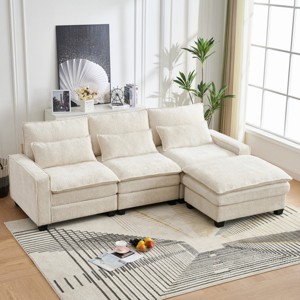 Modern Upholstered Cloud Deep Seat Couch  4-Seats Chenille L Shaped Sectional Sofa with Movable Ottoman for Living Room-The Pop Home - 1 of 4