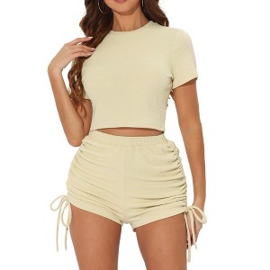 Allegra K Women's Summer Short Sleeve Top with High Waisted Drawstring Shorts 2-Piece Tracksuit Sets - 1 of 4