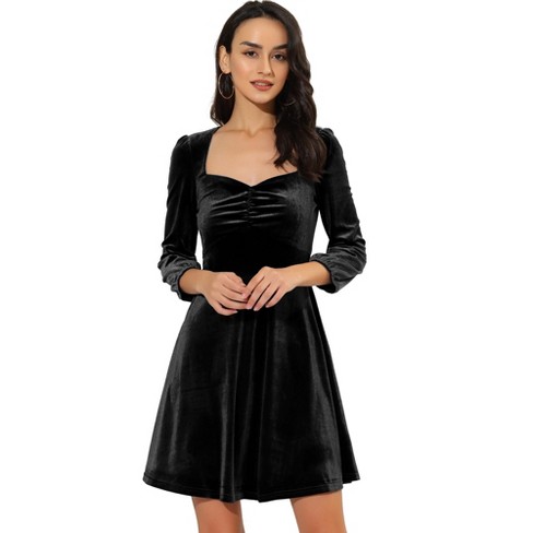 Allegra K Women's Vintage Sweetheart Neck 3/4 Sleeve Above Knee Velvet  Dress Black X-Small