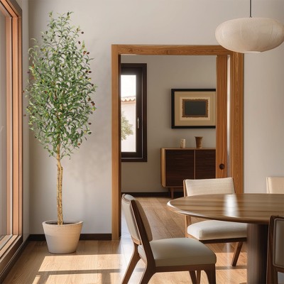 5/6/7ft Artificial Olive Tree - White Pot with Natural Wood Trunk & Fruits, Lifelike Faux Tree for Indoor Home Decor