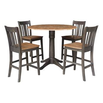 42" Round Dual Drop Leaf Counter Height Dining Table with 4 Splat Back Stools Hickory/Washed Coal - International Concepts