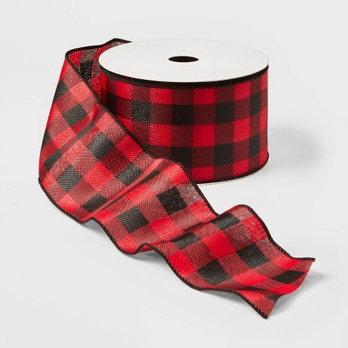 Lumberjack Ribbon, 2.5 Wide x 25 Yards, Black Red Buffalo Check Ribbon - Lightw