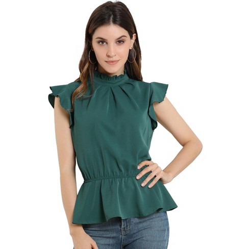 Allegra K Women's Ruffle Neck Pleated Front Summer Sleeveless Satin Blouse