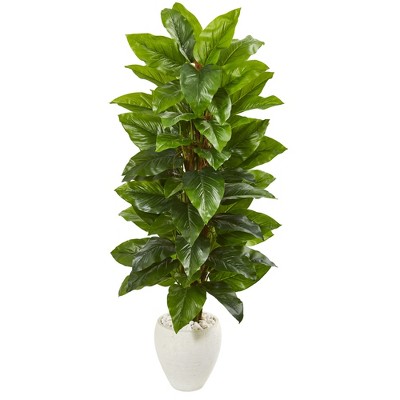 Nearly Natural 63-in Large Leaf Philodendron Artificial Plant in White Planter (Real Touch)