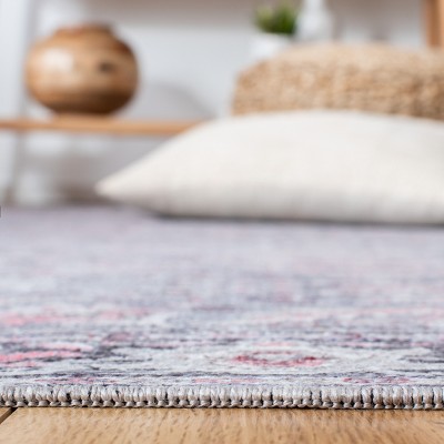 Grey and Pink Square Viscose Area Rug, 6'7"