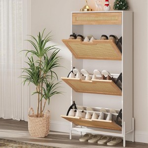 Rattan Shoe Cabinet, 3 Flip Doors and 1 Drawer Shoe Organizer, Adjustable Narrow Shoe Rack for Entryway - 1 of 4