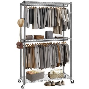 Homdox Heavy Duty Rolling Garment Rack Double Rod with Shelves Portable Clothes Rack Lockable Wheels 450LBS Gray - 1 of 4