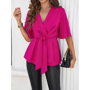 Women's Summer V Neck Peplum Tops Tie Waist Wrap Blouse Short Sleeve Casual Ruched Shirts - 1 of 4