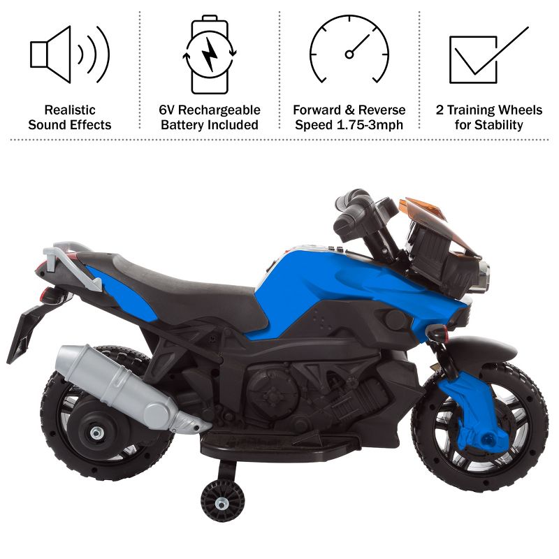 Toy Time Kids Motorcycle - Electric Ride-On with Training Wheels and Reverse Function - Blue, 3 of 11