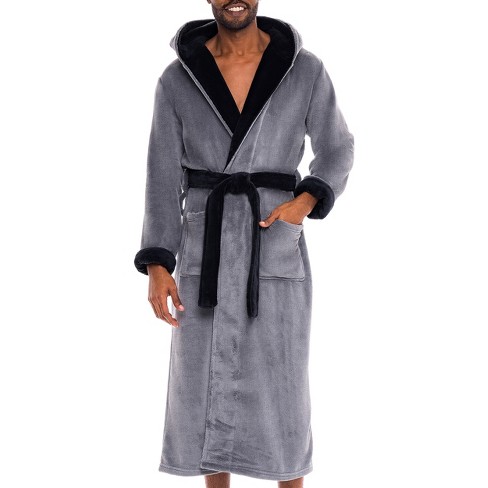 Men's Gray Plush Soft Warm Fleece Bathrobe with Hood, Comfy Men's Robe