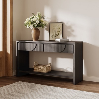 Sapphtopaz 55.12" Farmhouse Console Table with 2 Storage Drawers Retro Entryway Table with Open Shelf Wood TV Stands for Living Room, Entryway