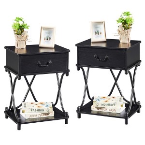 VECELO 1-Drawer Nightstands Set of 1/2 End Side Tables Modern X Design Metal Bedside Tables with Open Shelf Brown - 1 of 4