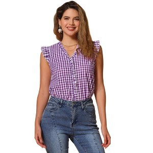 INSPIRE CHIC Women's Button-Down Cap Sleeve Plaid Gingham Ruffle Shirt - 1 of 4