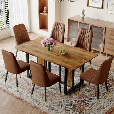 NicBex Dining Table Set for 6 Kitchen Table Wood-Textured MDF Dining Table Set with 6 Brown Suede Chairs for Dining Room