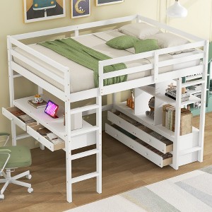 YOOCOZZ Full Size Loft Bed with Built-in Desk with Two Drawers, and Storage Shelves and Drawers - White - 1 of 4