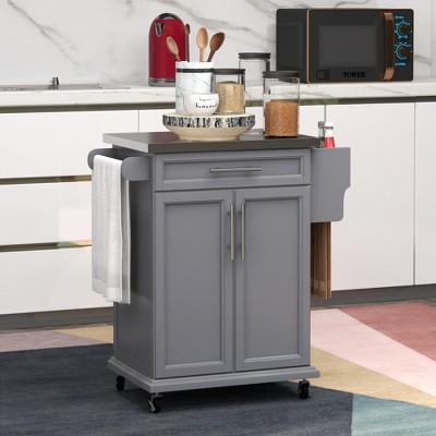 SKRAN Kitchen Island on Wheels, Rolling Kitchen Cart with Stainless Steel Countertop, Drawer, Towel Rack and Spice Rack, Utility Storage Trolley, Gray