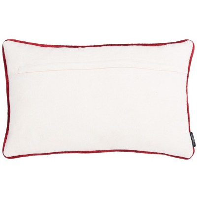 Cream and Red Embroidered Cotton Rectangular Throw Pillow