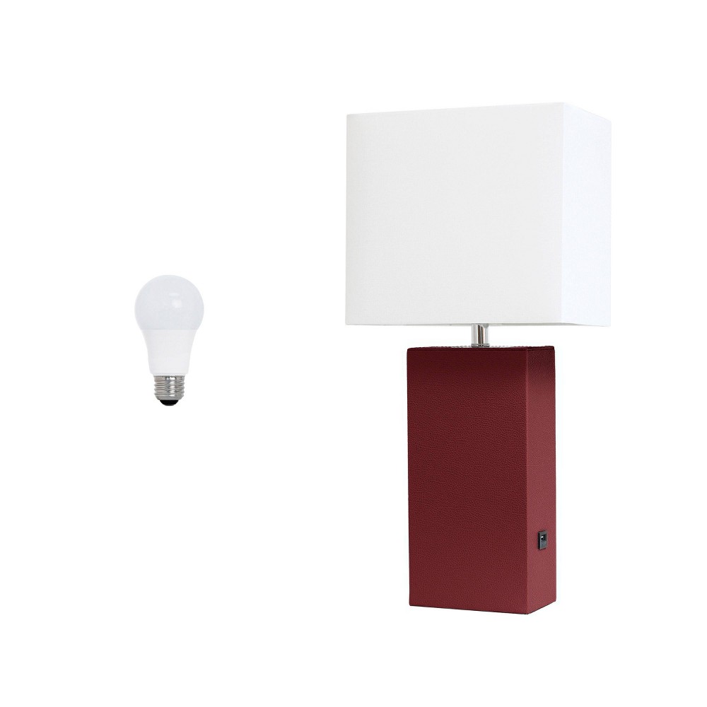 Lalia Home Lexington 21" Leather Base Modern Table Lamp with USB Charging Port and Feit LED (Includes LED Light Bulb) Red