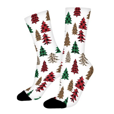 Leopard Buffalo Plaid Christmas Trees Women Printed Crew Socks Funny Funky Socks Soft Polyester Novelty Gifts for Artists Men