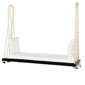 Okak Wooden Porch Swing with Cushion and Pillows, Hanging Chair with 10.8Ft Ropes, Outdoor Swing for Garden, Backyard and Lawn - 1 of 4