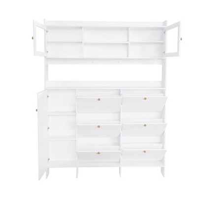 NicBex Hall Tree with Storage Coat Rack Freestanding with 4 Hooks, 6 Flip Drawers 2 Shelves, and 3 Cabinet 2 of them Have Tempered Glass Doors, White